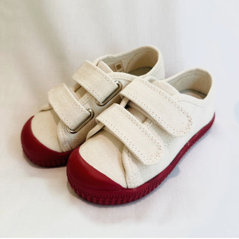 Ecru Canvas Maroon Sole Kids Shoes